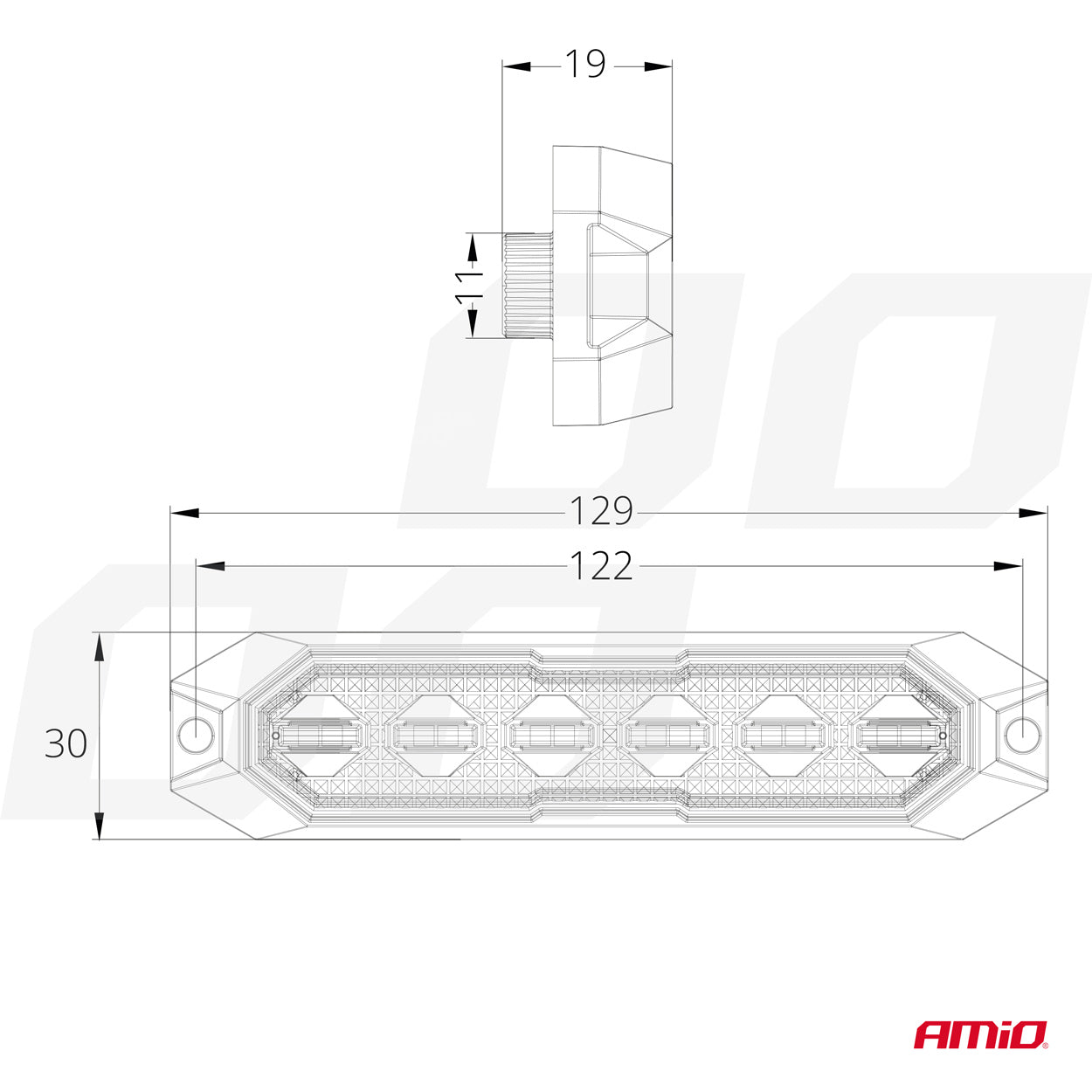 Flat LED varsellys 6 × 3 W, R65- og R10-godkjent, 12/24 V, AMIO-03930