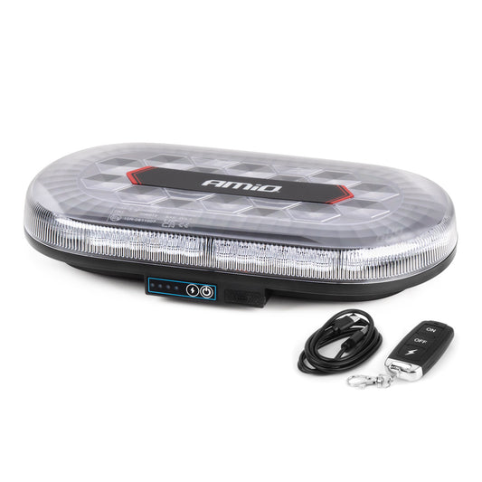 Trådløs LED varsellysbjelke med fjernkontroll, R65- og R10-godkjent, 326 × 186 × 63 mm, 26 W, 12/24 V, AMIO-04369