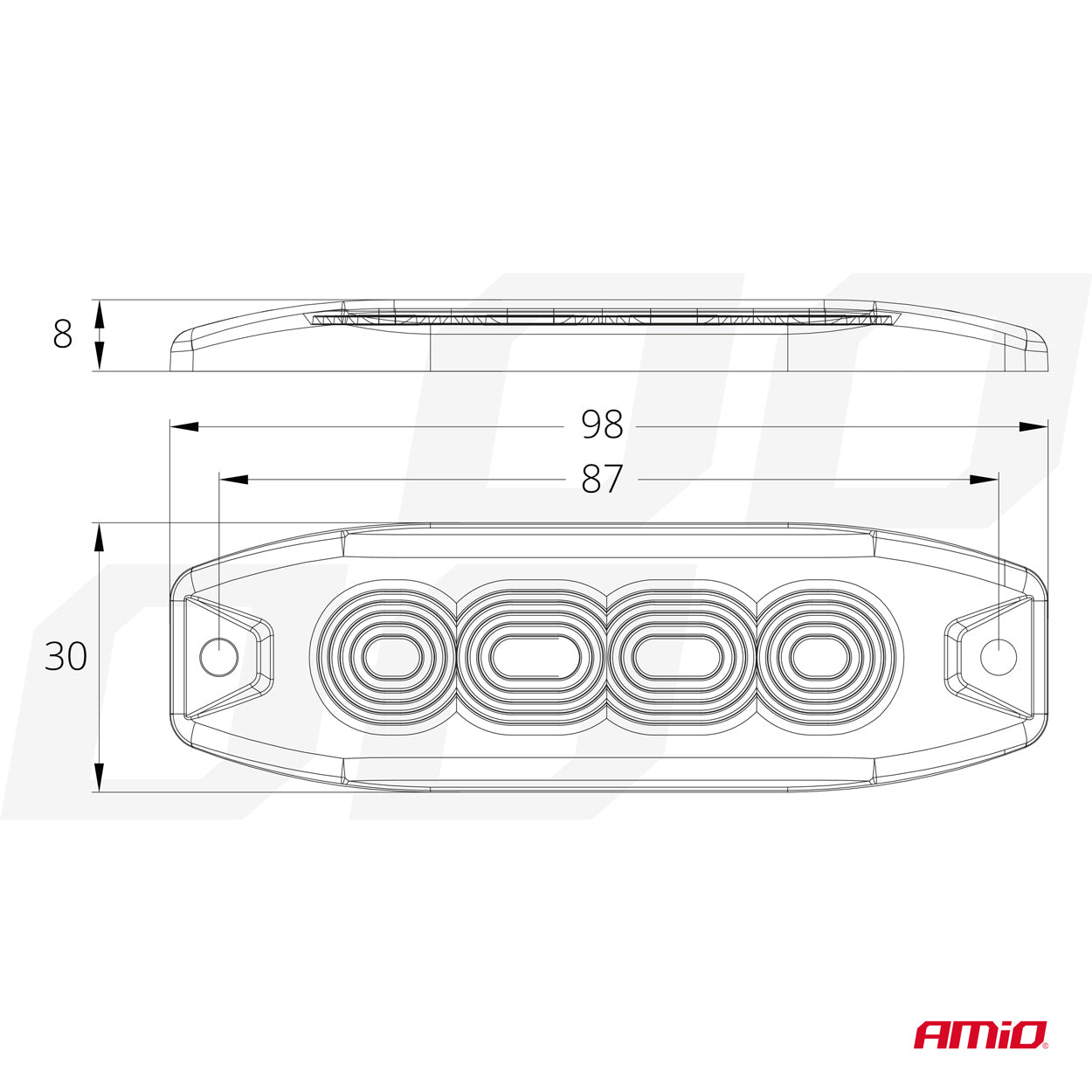 Flat varsellys med 4 LED, R65- og R10-godkjent, 12–24 V, AMIO-02298