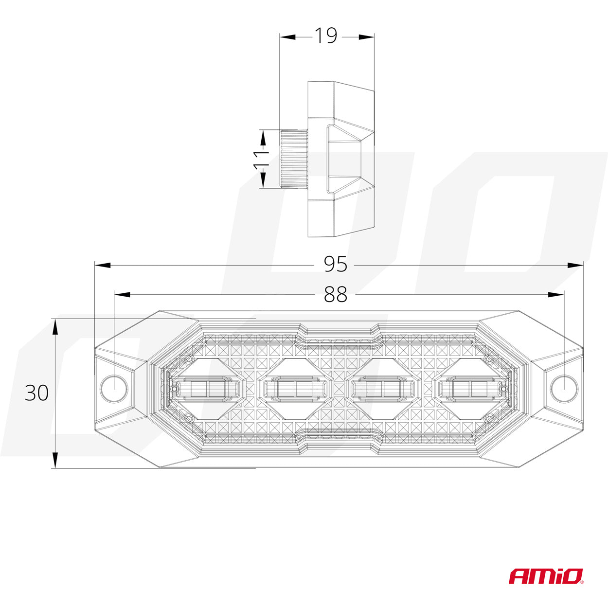 Flat LED varsellys 4 × 3 W, R65- og R10-godkjent, 12/24 V, AMIO-03929