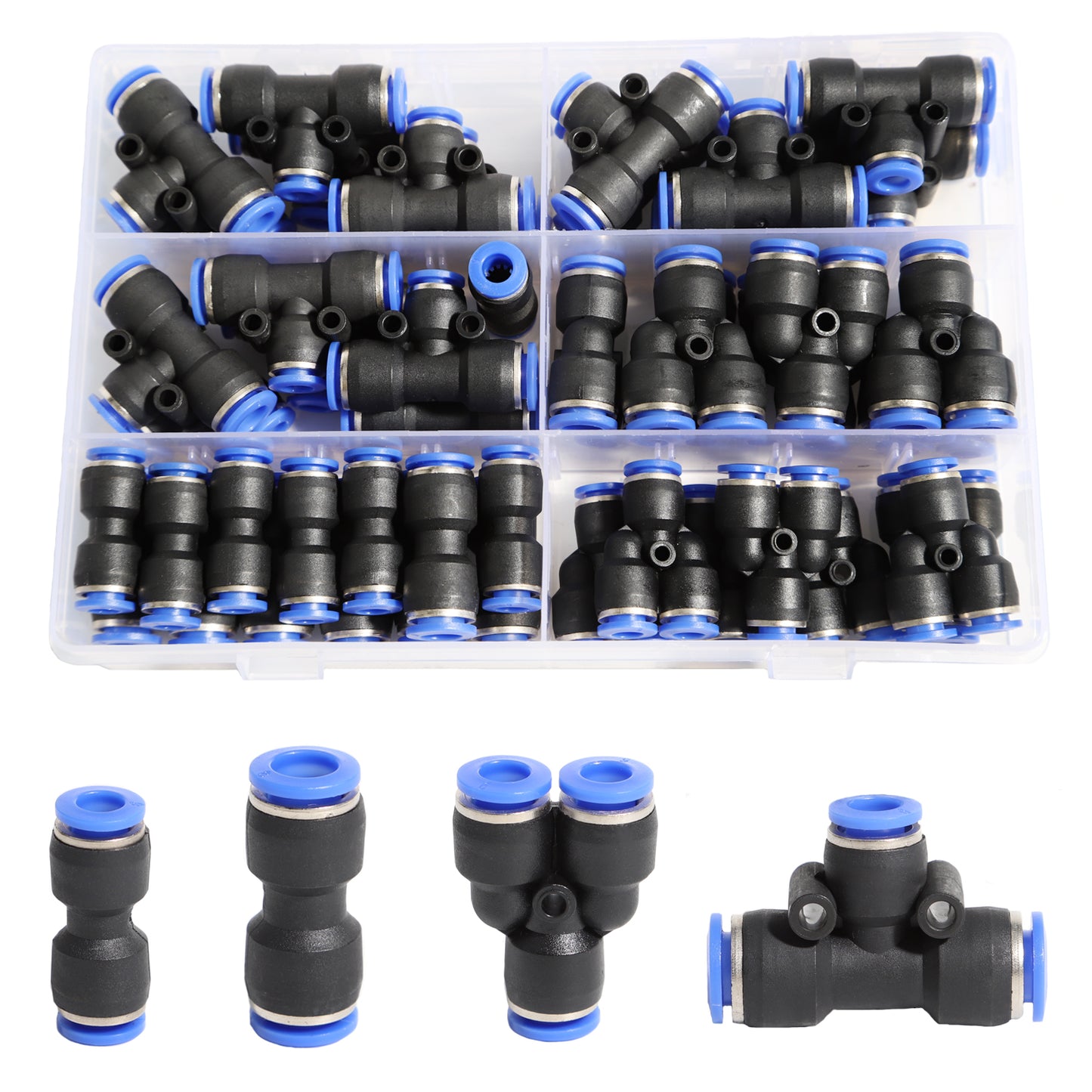 Pneumatisk koblingssett med Y- og T-fordelere 4–12 mm – 46 deler
